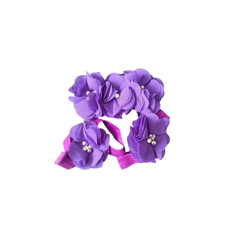 Infant Baby Purple Flower Headband Barefoot Sandals Set Rhinestone Pearl